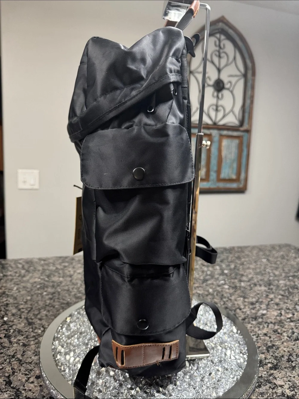 Storm dude Black Men's laptop Backpack with Brown Leather Trim NWT